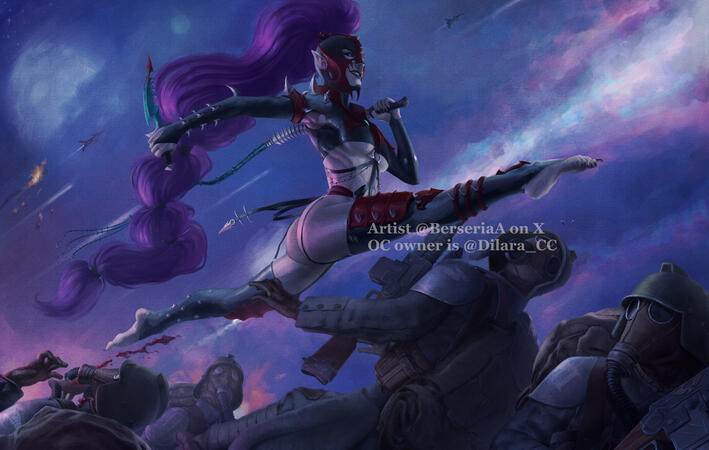 Multiple background detailed characters with weapons and armor, highly detailed main character with weapons, dynamic pose and interactions — 750 USD